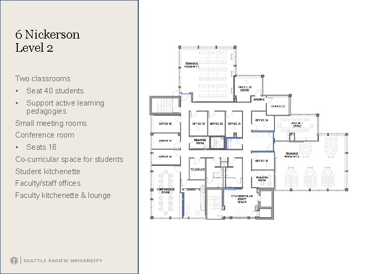 6 Nickerson Level 2 Two classrooms • Seat 40 students • Support active learning