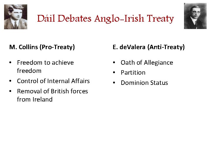 Dáil Debates Anglo-Irish Treaty M. Collins (Pro-Treaty) E. de. Valera (Anti-Treaty) • Freedom to