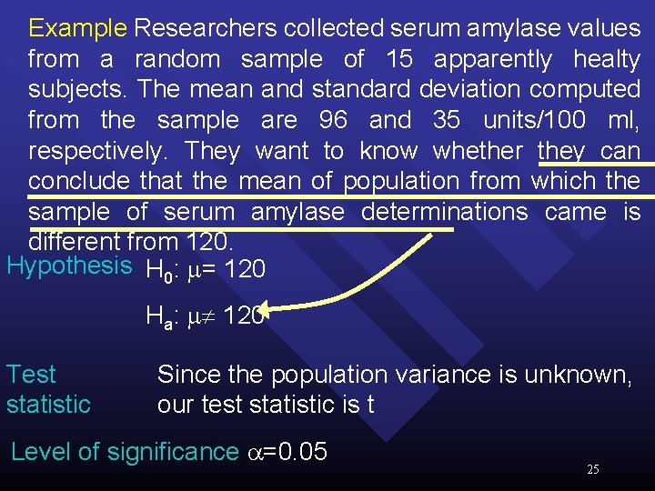 Example Researchers collected serum amylase values from a random sample of 15 apparently healty