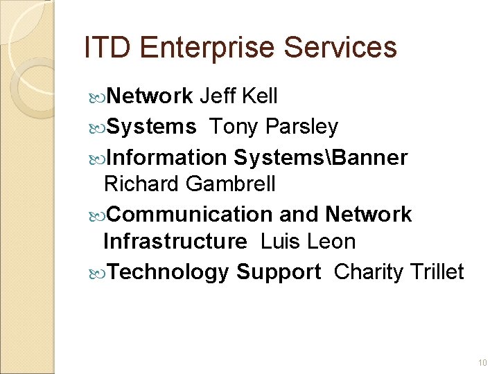 ITD Enterprise Services Network Jeff Kell Systems Tony Parsley Information SystemsBanner Richard Gambrell Communication ITD Enterprise Services Network Jeff Kell Systems Tony Parsley Information SystemsBanner Richard Gambrell Communication