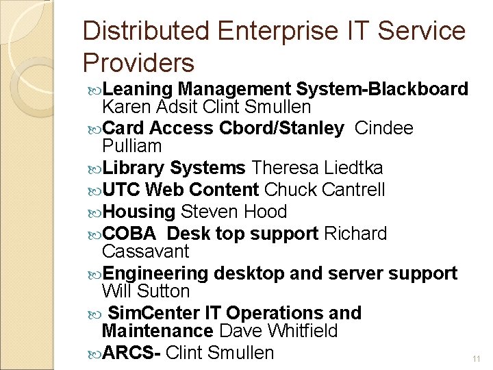 Distributed Enterprise IT Service Providers Leaning Management System-Blackboard Karen Adsit Clint Smullen Card Access Distributed Enterprise IT Service Providers Leaning Management System-Blackboard Karen Adsit Clint Smullen Card Access