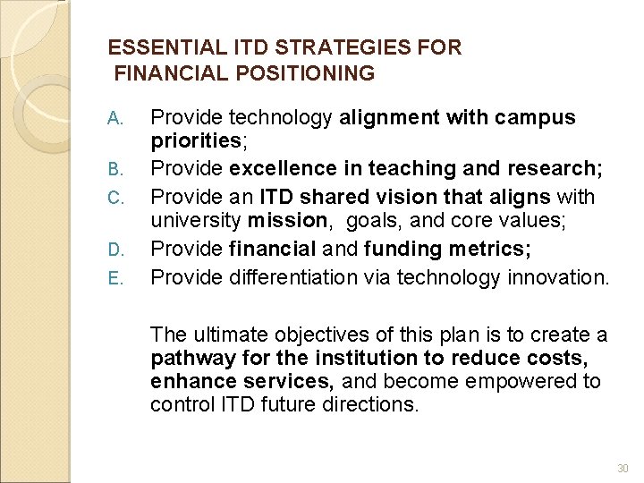 ESSENTIAL ITD STRATEGIES FOR FINANCIAL POSITIONING A. B. C. D. E. Provide technology alignment ESSENTIAL ITD STRATEGIES FOR FINANCIAL POSITIONING A. B. C. D. E. Provide technology alignment