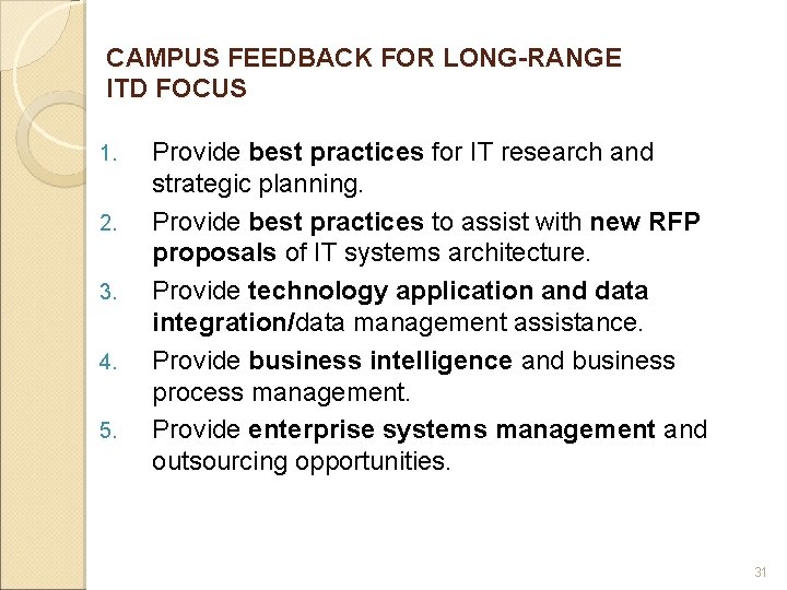 CAMPUS FEEDBACK FOR LONG-RANGE ITD FOCUS 1. 2. 3. 4. 5. Provide best practices CAMPUS FEEDBACK FOR LONG-RANGE ITD FOCUS 1. 2. 3. 4. 5. Provide best practices