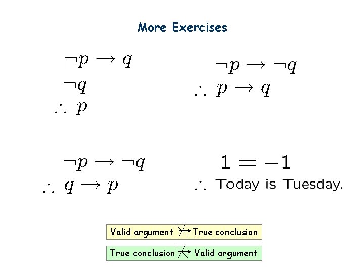 More Exercises Valid argument True conclusion Valid argument 