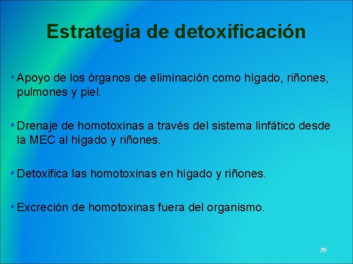 Estrategia de detoxificación • Apoyo de los órganos de eliminación como hígado, riñones, pulmones