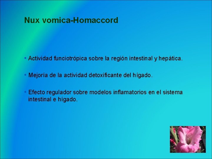 Nux vomica-Homaccord • Actividad funciotrópica sobre la región intestinal y hepática. • Mejoría de
