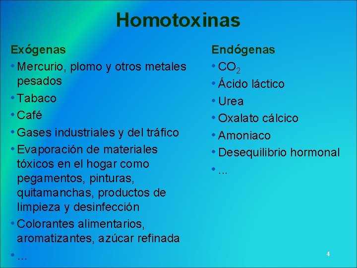 Homotoxinas Exógenas • Mercurio, plomo y otros metales pesados • Tabaco • Café •