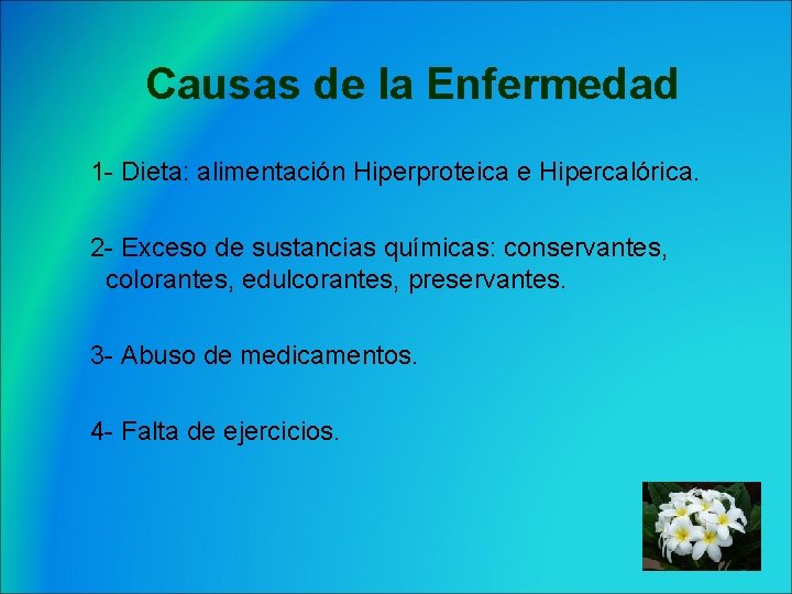 Causas de la Enfermedad 1 - Dieta: alimentación Hiperproteica e Hipercalórica. 2 - Exceso