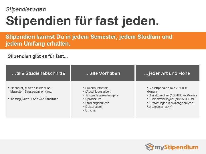 Stipendienarten Stipendien für fast jeden. Stipendien kannst Du in jedem Semester, jedem Studium und