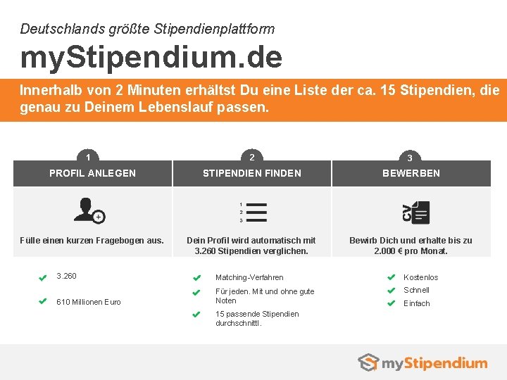 Deutschlands größte Stipendienplattform my. Stipendium. de Innerhalb von 2 Minuten erhältst Du eine Liste