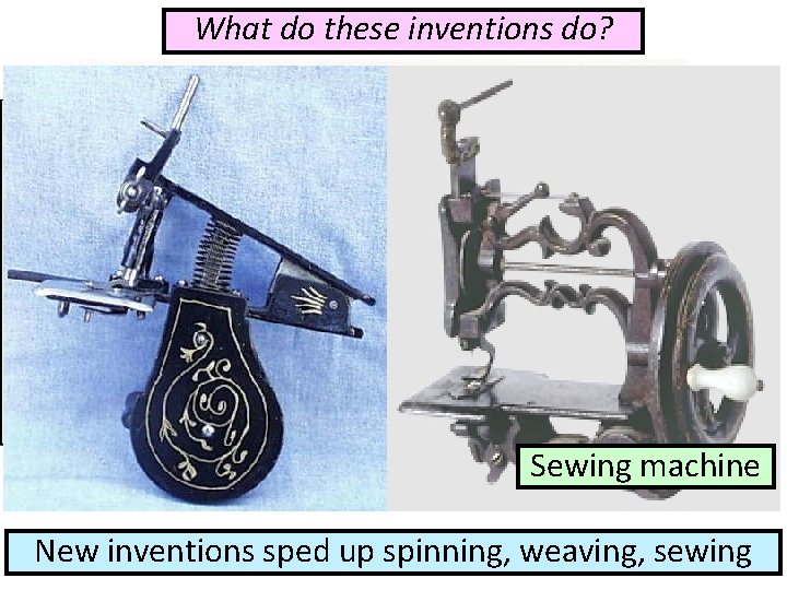 What do these inventions do? Spin. Weave yarn into cloth Sewing machine New inventions