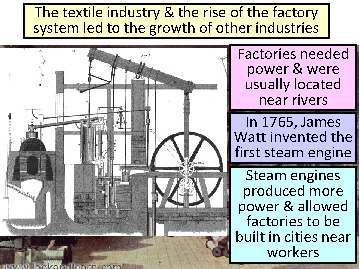 The textile industry & the rise of the factory system led to the growth