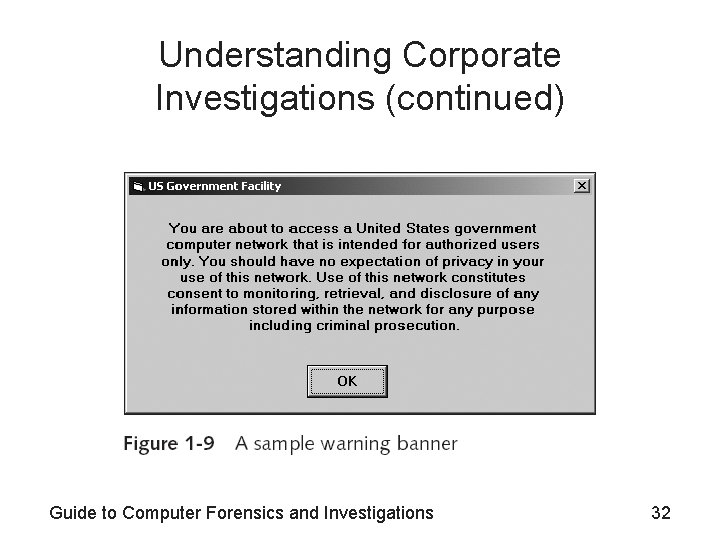Understanding Corporate Investigations (continued) Guide to Computer Forensics and Investigations 32 