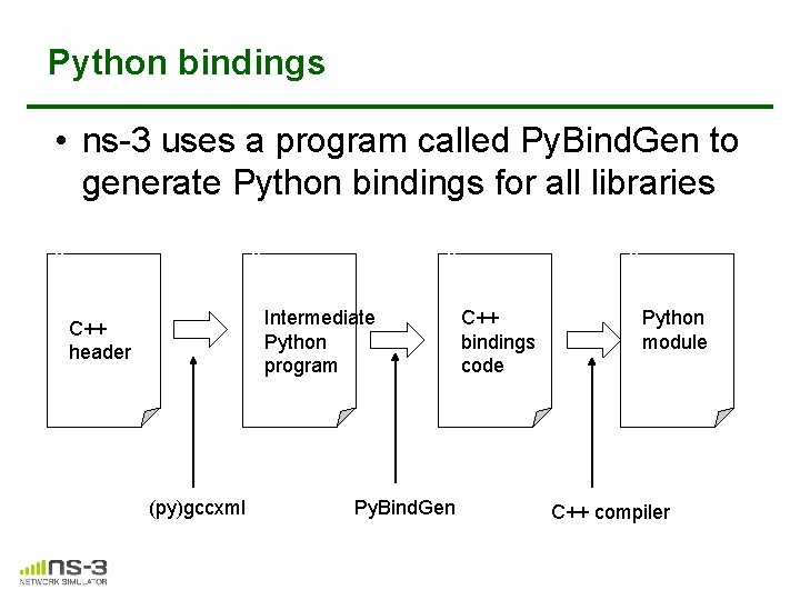 Python bindings • ns-3 uses a program called Py. Bind. Gen to generate Python Python bindings • ns-3 uses a program called Py. Bind. Gen to generate Python