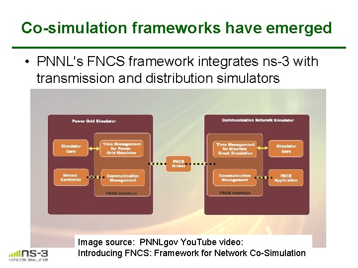 Co-simulation frameworks have emerged • PNNL's FNCS framework integrates ns-3 with transmission and distribution Co-simulation frameworks have emerged • PNNL's FNCS framework integrates ns-3 with transmission and distribution