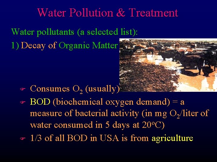 Water Pollution & Treatment Water pollutants (a selected list): 1) Decay of Organic Matter
