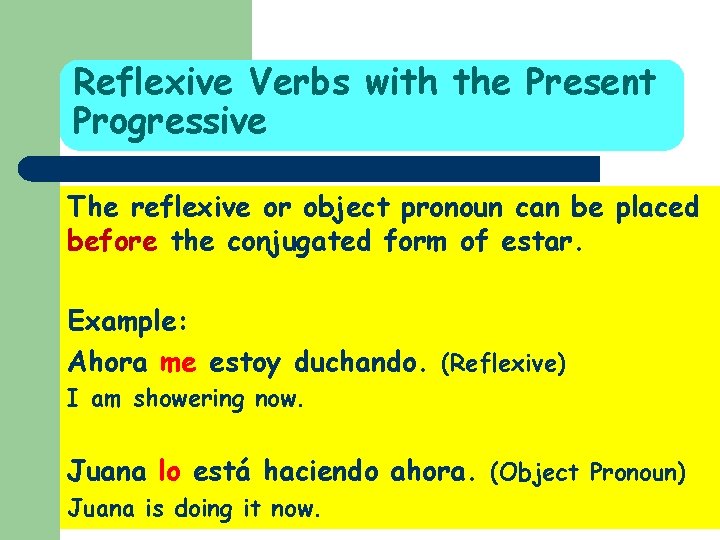 Reflexive Verbs with the Present Progressive The reflexive or object pronoun can be placed