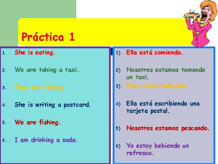 Práctica 1 1. She is eating. 1) Ella está comiendo. 2. We are taking