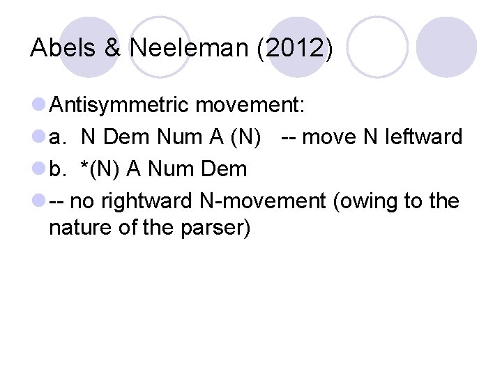 Abels & Neeleman (2012) l Antisymmetric movement: l a. N Dem Num A (N)