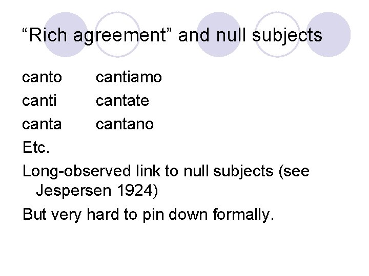 “Rich agreement” and null subjects canto cantiamo canti cantate cantano Etc. Long-observed link to