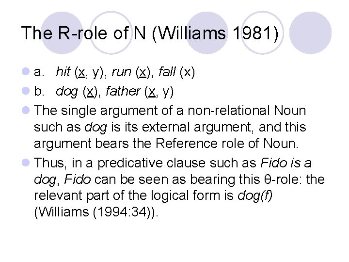 The R-role of N (Williams 1981) l a. hit (x, y), run (x), fall