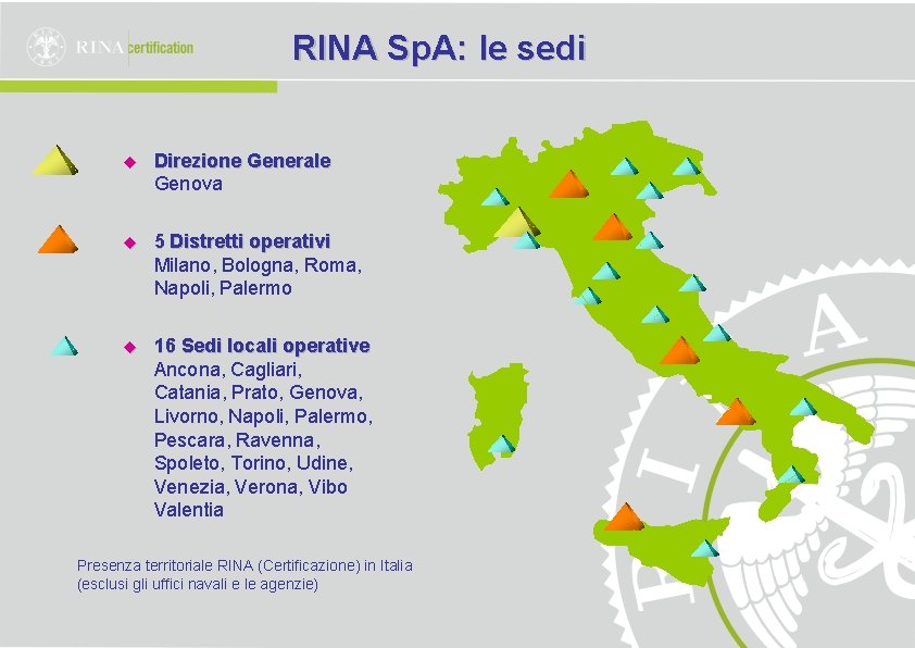 RINA Sp. A: le sedi u Direzione Generale Genova u 5 Distretti operativi Milano,