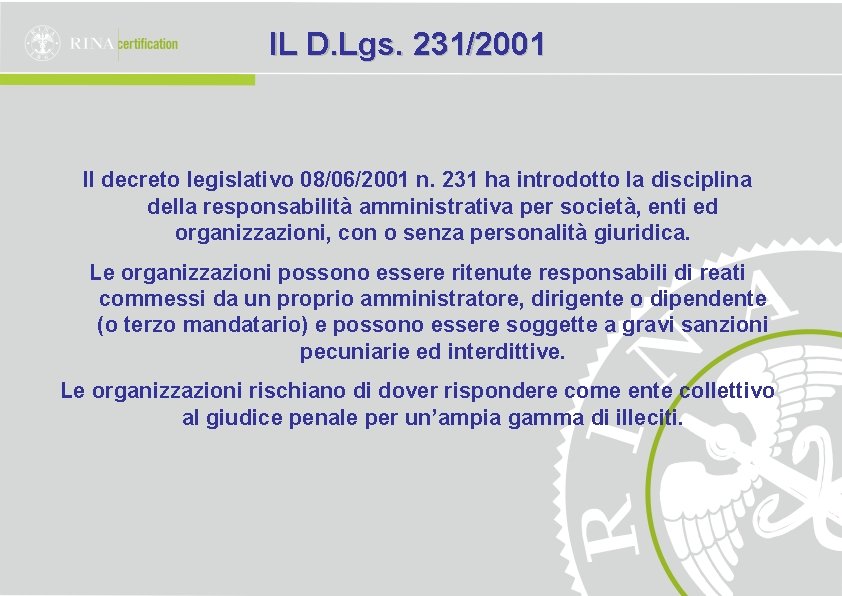 IL D. Lgs. 231/2001 Il decreto legislativo 08/06/2001 n. 231 ha introdotto la disciplina