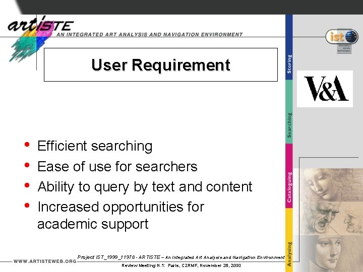 User Requirement • • Efficient searching Ease of use for searchers Ability to query