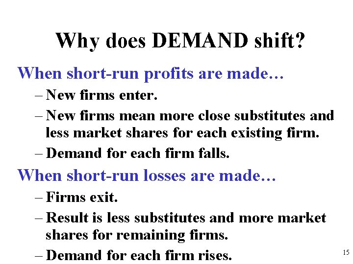 Why does DEMAND shift? When short-run profits are made… – New firms enter. –