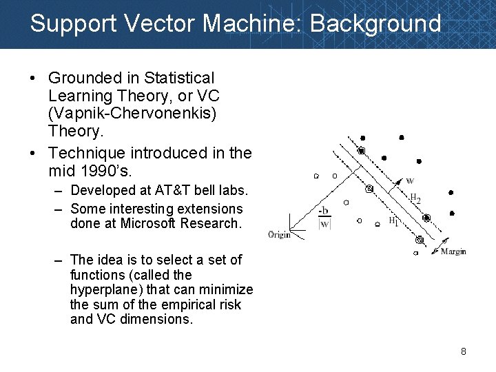 Support Vector Machine: Background • Grounded in Statistical Learning Theory, or VC (Vapnik-Chervonenkis) Theory.