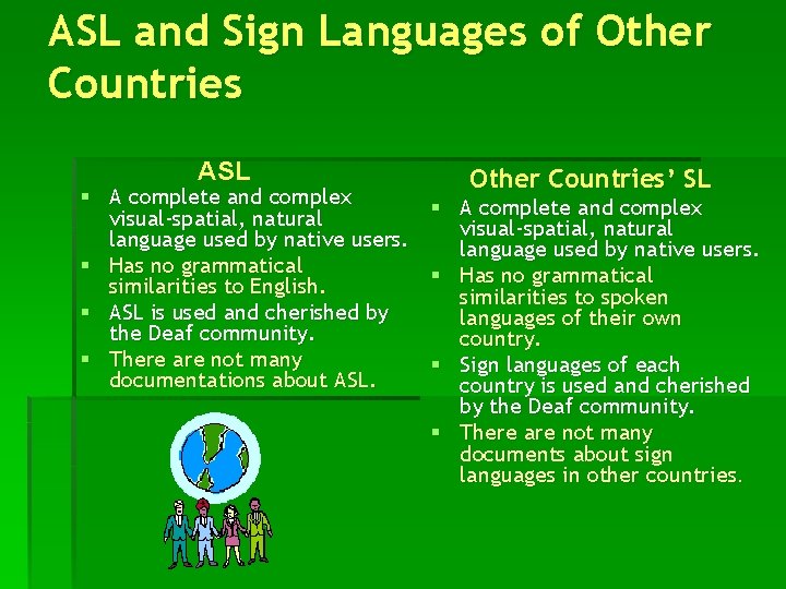 ASL and Sign Languages of Other Countries ASL § A complete and complex visual-spatial,