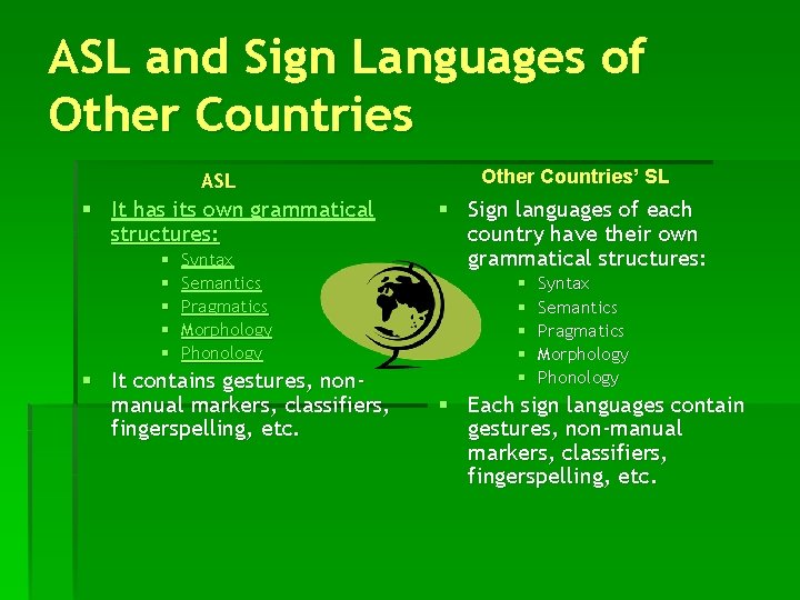 ASL and Sign Languages of Other Countries ASL § It has its own grammatical