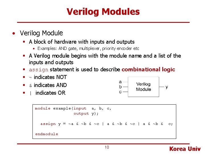 Verilog Modules • Verilog Module § A block of hardware with inputs and outputs