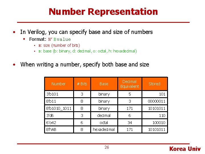 Number Representation • In Verilog, you can specify base and size of numbers §