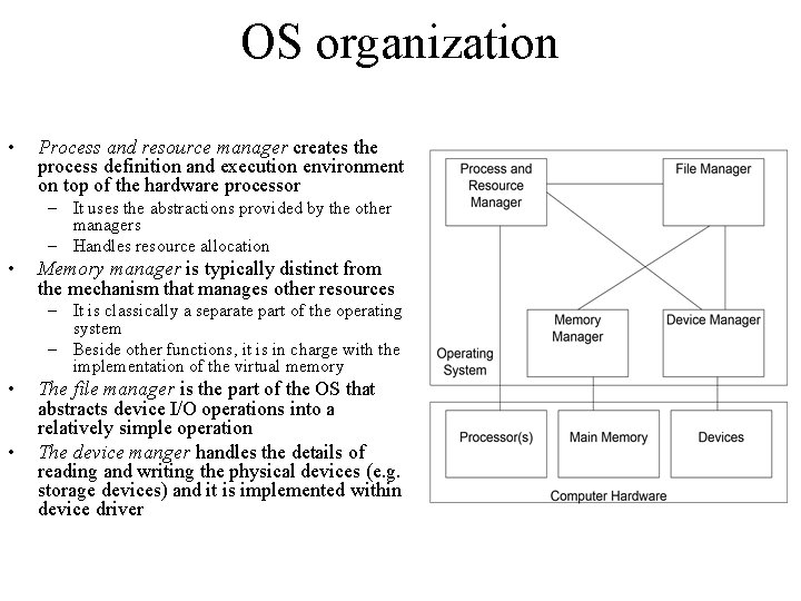 OS organization • Process and resource manager creates the process definition and execution environment OS organization • Process and resource manager creates the process definition and execution environment