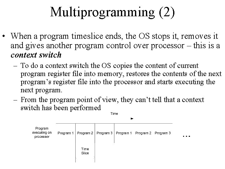 Multiprogramming (2) • When a program timeslice ends, the OS stops it, removes it Multiprogramming (2) • When a program timeslice ends, the OS stops it, removes it
