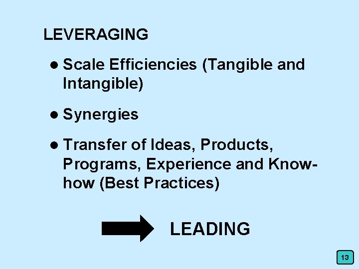 LEVERAGING l Scale Efficiencies (Tangible and Intangible) l Synergies l Transfer of Ideas, Products,