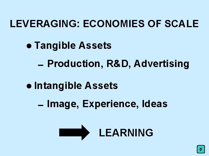 LEVERAGING: ECONOMIES OF SCALE l Tangible Assets 0 Production, R&D, Advertising l Intangible Assets