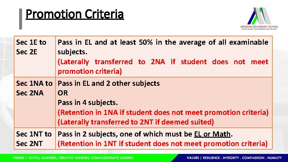 Promotion Criteria Sec 1 E to Sec 2 E Pass in EL and at