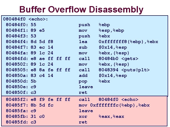 Buffer Overflow Disassembly 080484 f 0 <echo>: 80484 f 0: 55 80484 f 1: