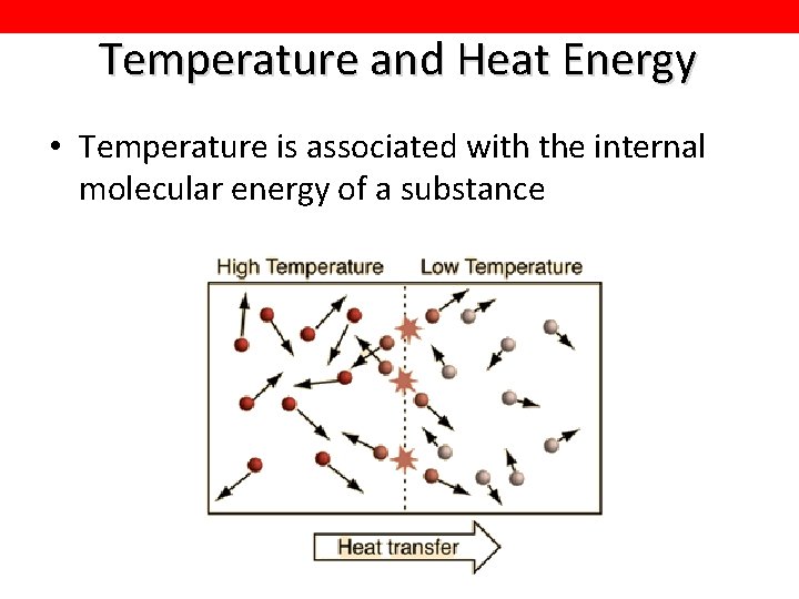 Temperature and Heat Energy • Temperature is associated with the internal molecular energy of