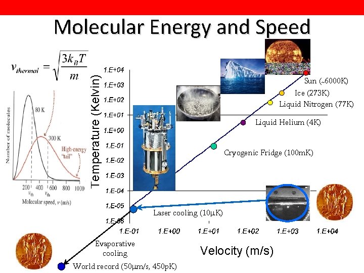 Temperature (Kelvin) Molecular Energy and Speed Sun (~6000 K) Ice (273 K) Liquid Nitrogen