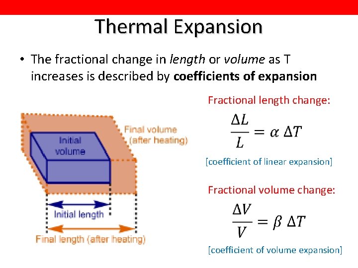 Thermal Expansion • The fractional change in length or volume as T increases is