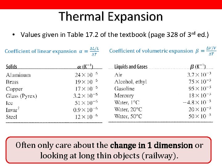 Thermal Expansion • Values given in Table 17. 2 of the textbook (page 328