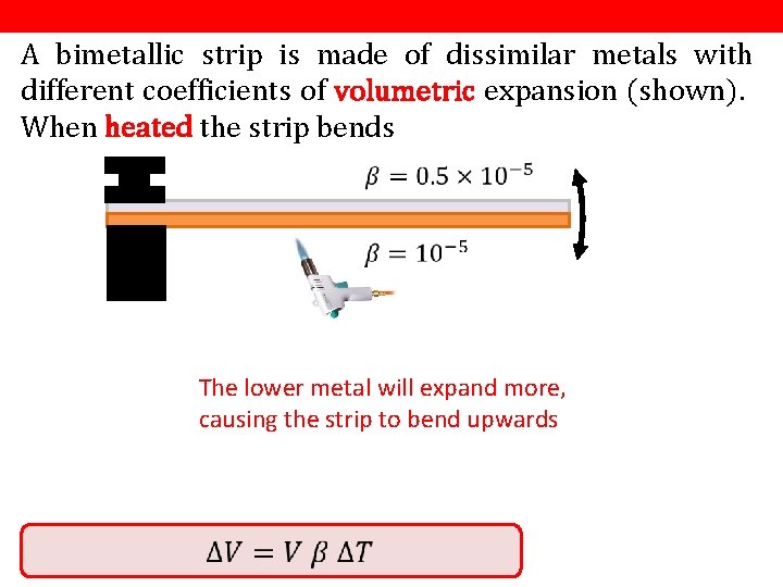 A bimetallic strip is made of dissimilar metals with different coefficients of volumetric expansion