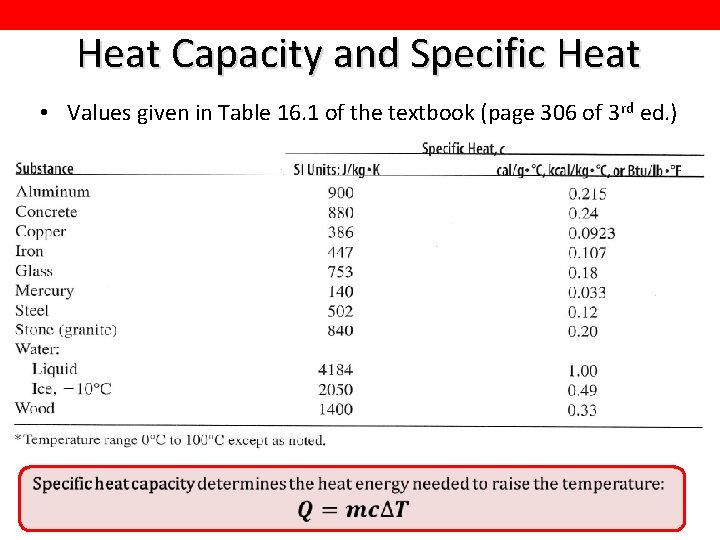 Heat Capacity and Specific Heat • Values given in Table 16. 1 of the