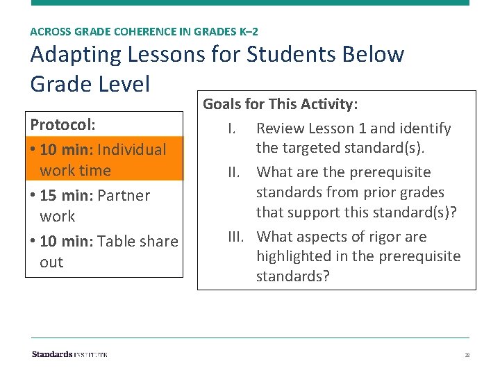 ACROSS GRADE COHERENCE IN GRADES K– 2 Adapting Lessons for Students Below Grade Level