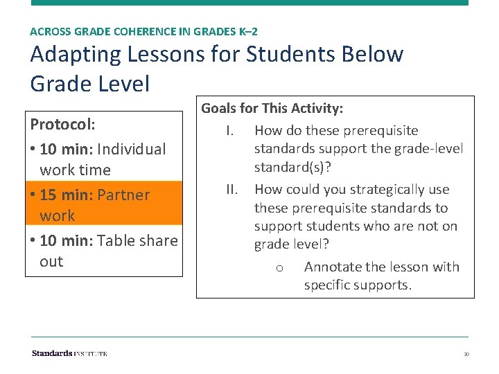 ACROSS GRADE COHERENCE IN GRADES K– 2 Adapting Lessons for Students Below Grade Level