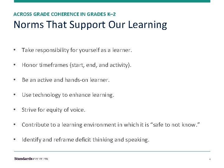 ACROSS GRADE COHERENCE IN GRADES K– 2 Norms That Support Our Learning • Take