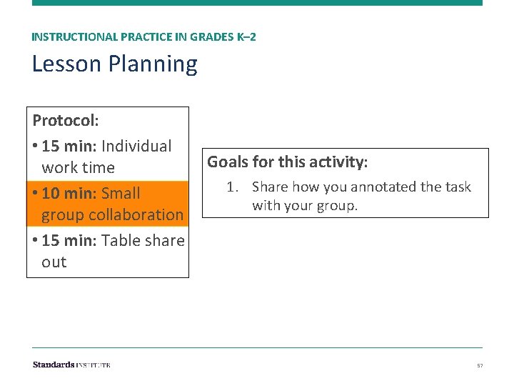 INSTRUCTIONAL PRACTICE IN GRADES K– 2 Lesson Planning Protocol: time • 15 min: Individual